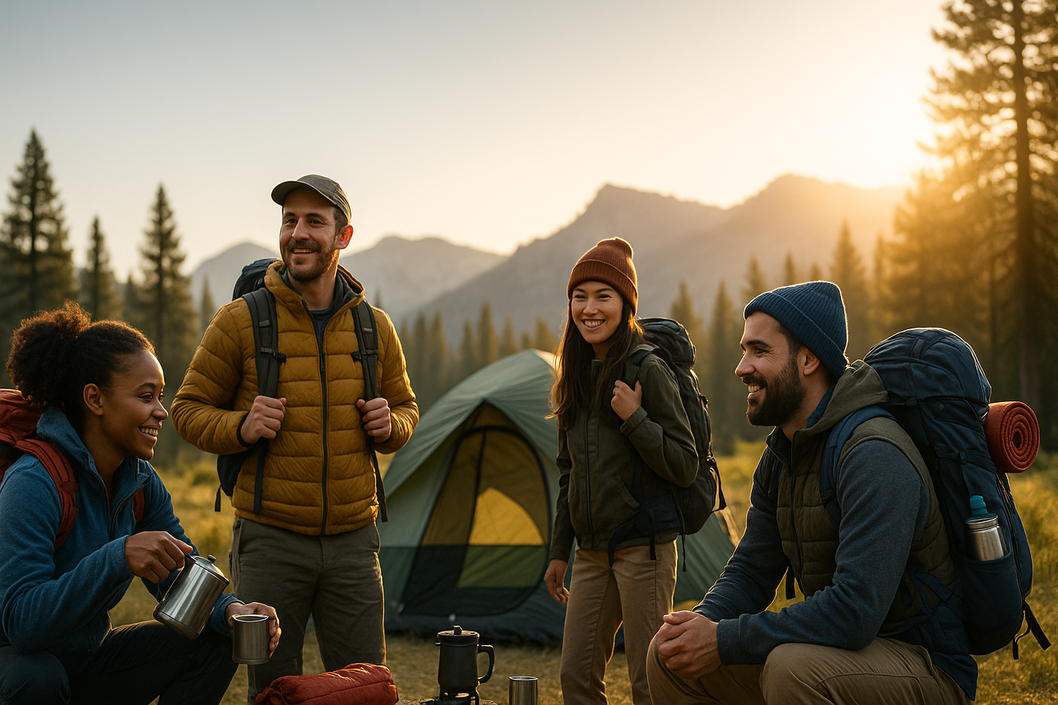 Campers setting up tents near a national park mountain landscape