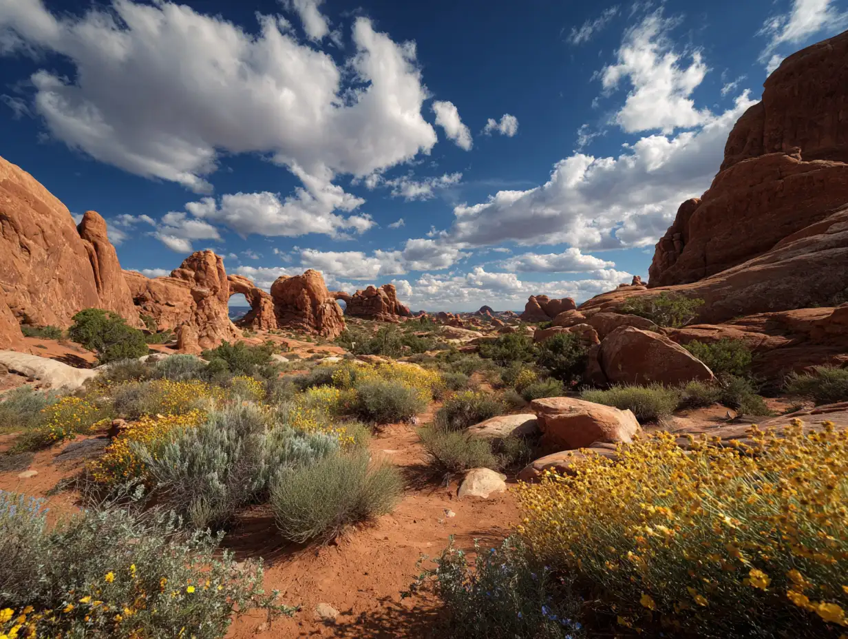 camping in Arches National Park with red rock scenery and dark skies